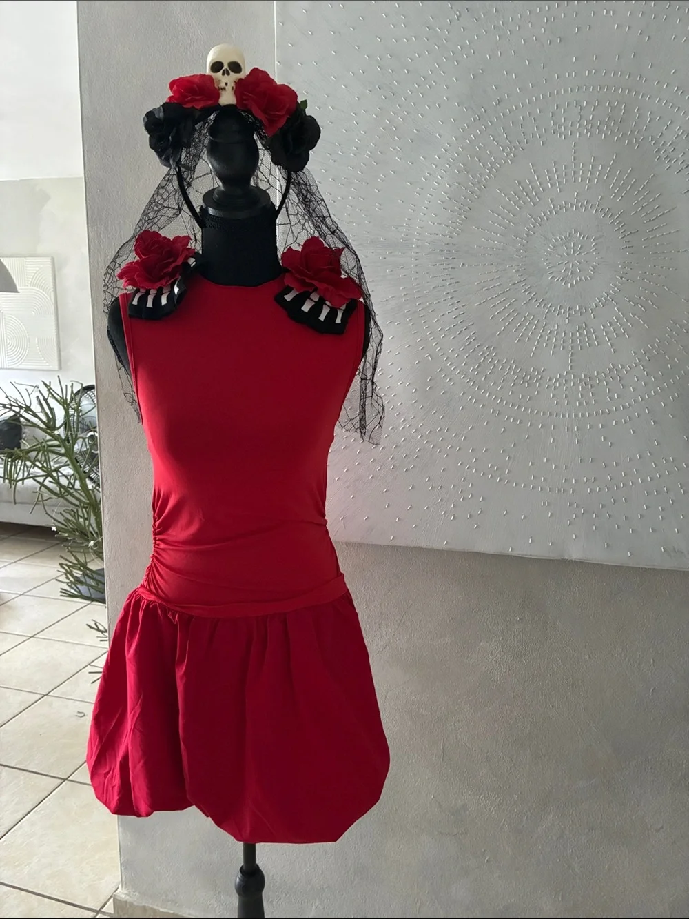 Día de los Muertos, Red Katrina Gloves, Headband and Girl Red Dress